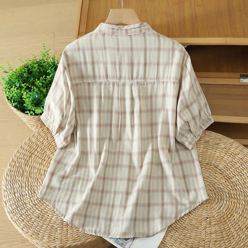 Nimara Ritual Summer Casual Vintage Plaid Women's Short Sleeve Shirts With Patch Pocket