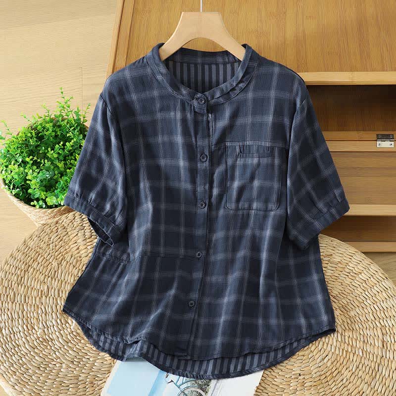Nimara Ritual Summer Casual Vintage Plaid Women's Short Sleeve Shirts With Patch Pocket