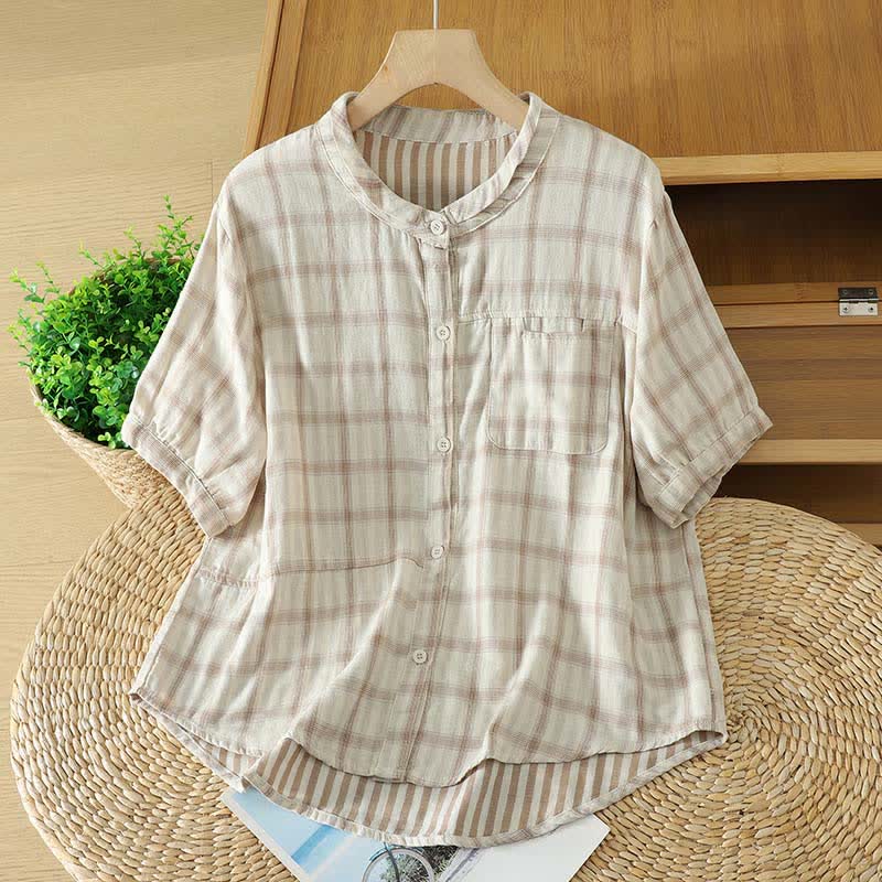 Nimara Ritual Summer Casual Vintage Plaid Women's Short Sleeve Shirts With Patch Pocket