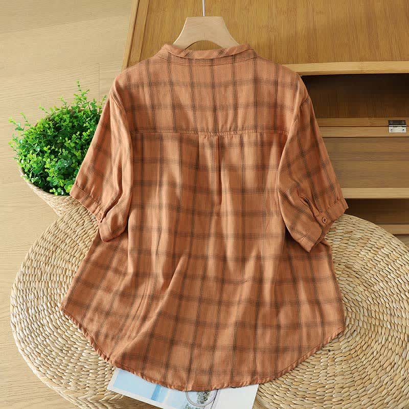 Nimara Ritual Summer Casual Vintage Plaid Women's Short Sleeve Shirts With Patch Pocket