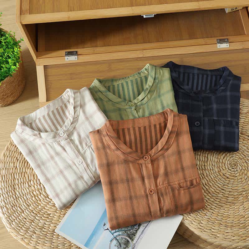 Nimara Ritual Summer Casual Vintage Plaid Women's Short Sleeve Shirts With Patch Pocket