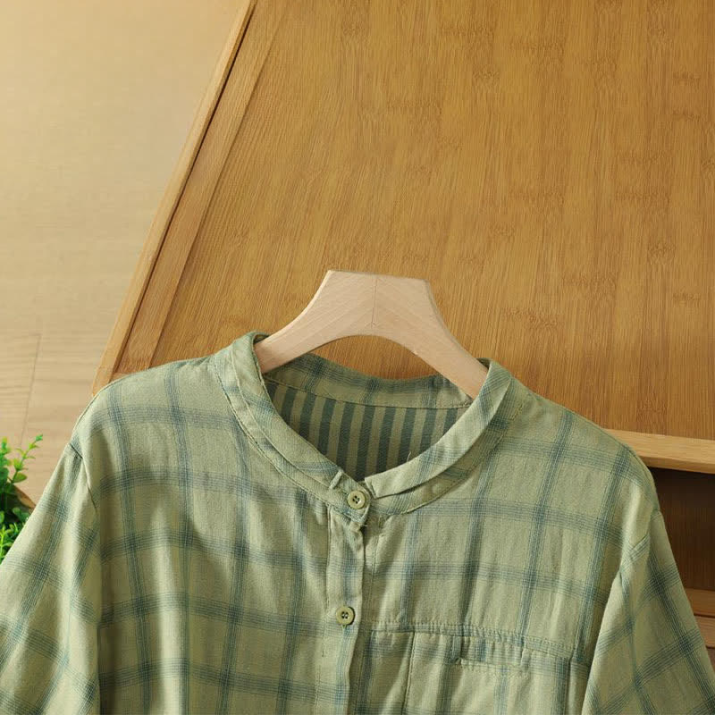 Nimara Ritual Summer Casual Vintage Plaid Women's Short Sleeve Shirts With Patch Pocket
