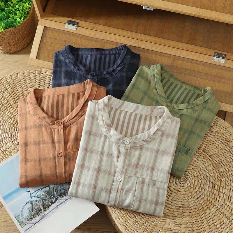 Nimara Ritual Summer Casual Vintage Plaid Women's Short Sleeve Shirts With Patch Pocket