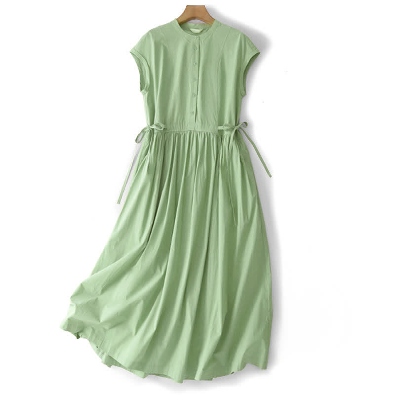Nimara Ritual Summer Casual Vintage Button-Up Solid Lace-up Women's Short Sleeve Dresses With Pocket
