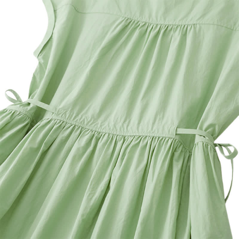 Nimara Ritual Summer Casual Vintage Button-Up Solid Lace-up Women's Short Sleeve Dresses With Pocket