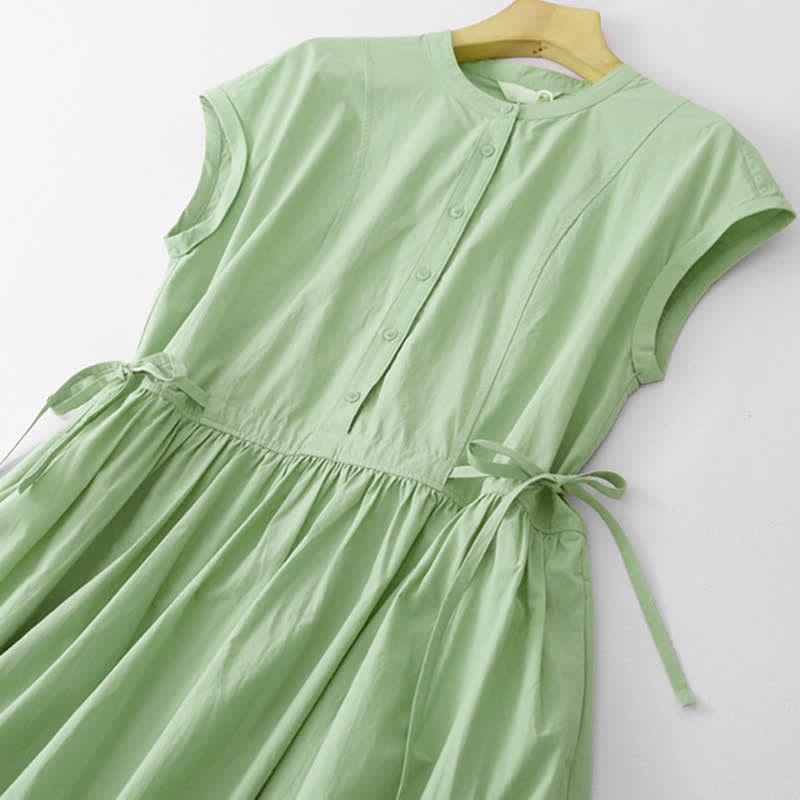 Nimara Ritual Summer Casual Vintage Button-Up Solid Lace-up Women's Short Sleeve Dresses With Pocket