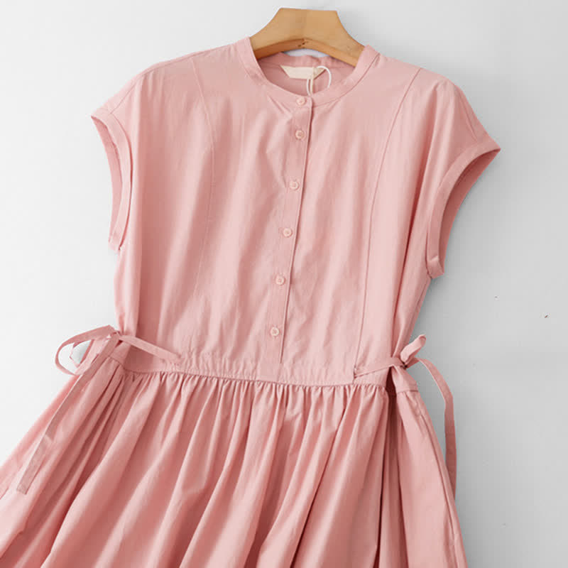 Nimara Ritual Summer Casual Vintage Button-Up Solid Lace-up Women's Short Sleeve Dresses With Pocket