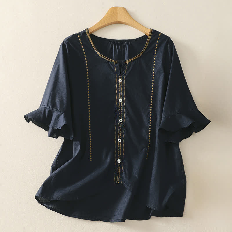 Nimara Ritual Summer Boho Casual Button-up Solid Ruffle Bell Sleeve Women's Short Sleeve Shirts