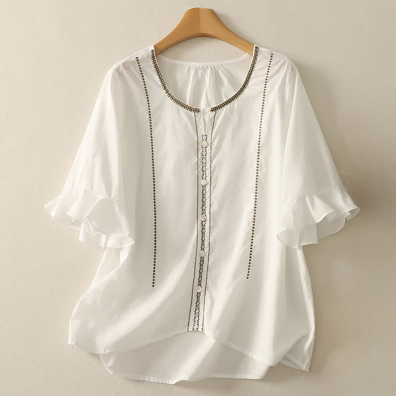 Nimara Ritual Summer Boho Casual Button-up Solid Ruffle Bell Sleeve Women's Short Sleeve Shirts