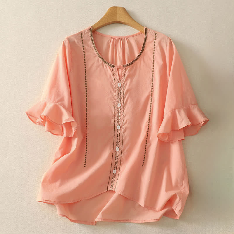 Nimara Ritual Summer Boho Casual Button-up Solid Ruffle Bell Sleeve Women's Short Sleeve Shirts