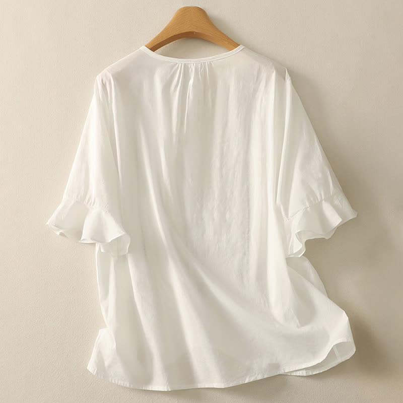 Nimara Ritual Summer Boho Casual Button-up Solid Ruffle Bell Sleeve Women's Short Sleeve Shirts