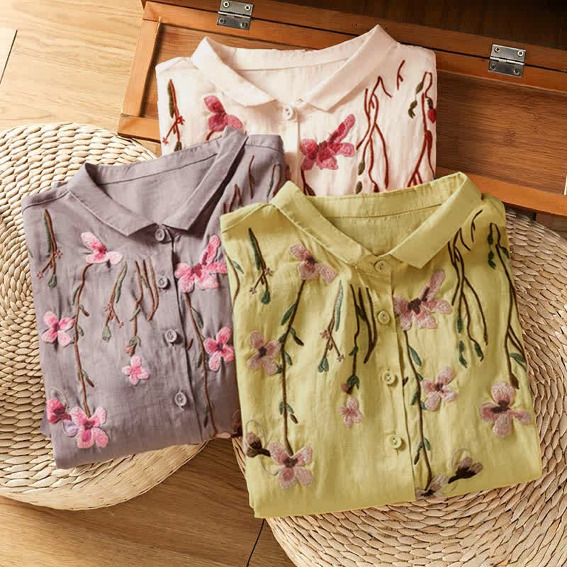 Nimara Ritual Summer Vintage Embroidery Floral Women's Short Sleeve Shirts
