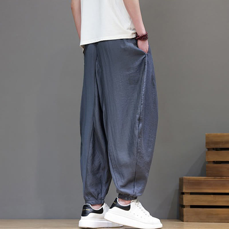 Nimara Ritual Summer Casual Vintage Drawstring Solid Cotton Cropped Pants Men's Harem Pants With Pocket