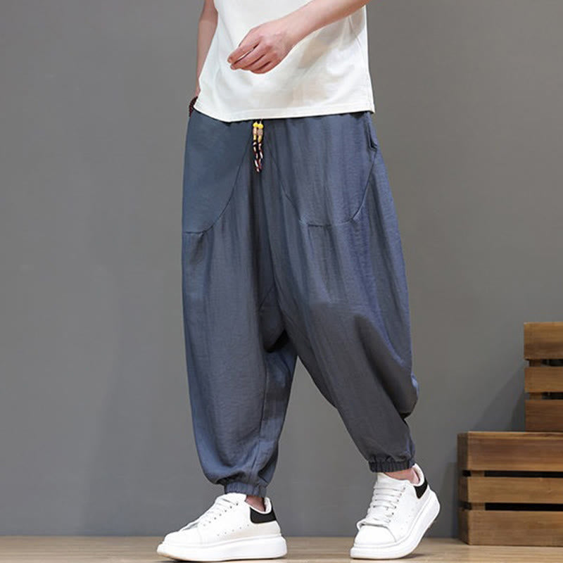 Nimara Ritual Summer Casual Vintage Drawstring Solid Cotton Cropped Pants Men's Harem Pants With Pocket