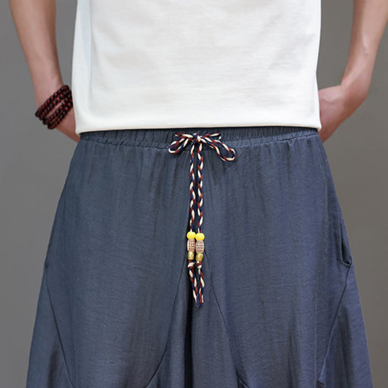 Nimara Ritual Summer Casual Vintage Drawstring Solid Cotton Cropped Pants Men's Harem Pants With Pocket
