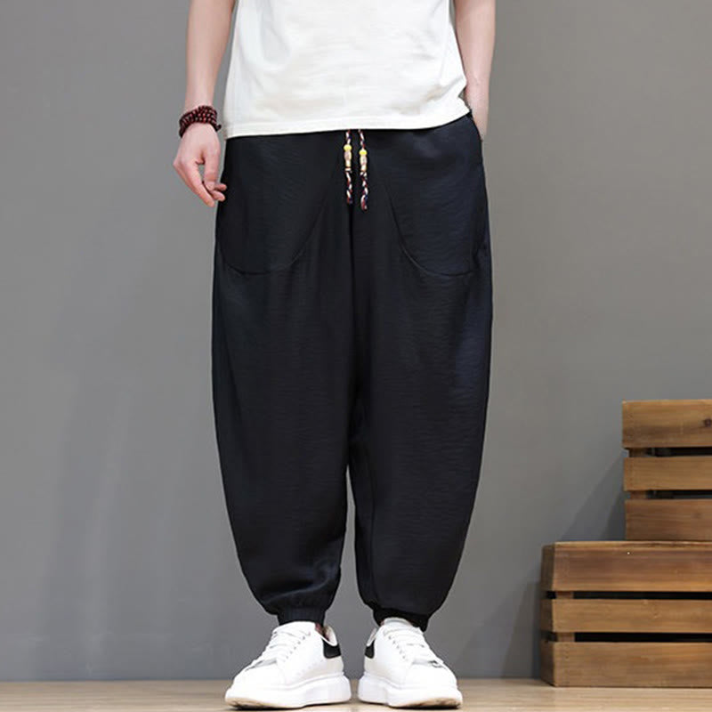 Nimara Ritual Summer Casual Vintage Drawstring Solid Cotton Cropped Pants Men's Harem Pants With Pocket