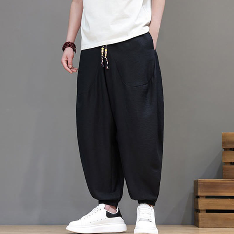 Nimara Ritual Summer Casual Vintage Drawstring Solid Cotton Cropped Pants Men's Harem Pants With Pocket