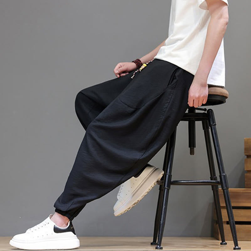 Nimara Ritual Summer Casual Vintage Drawstring Solid Cotton Cropped Pants Men's Harem Pants With Pocket