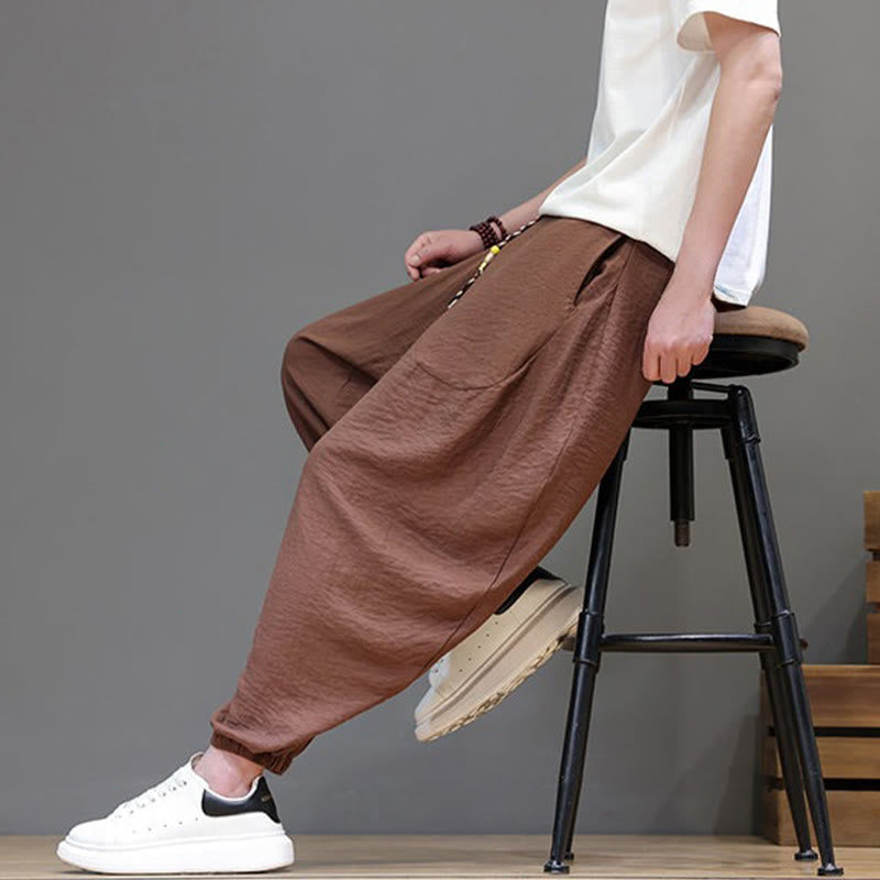 Nimara Ritual Summer Casual Vintage Drawstring Solid Cotton Cropped Pants Men's Harem Pants With Pocket