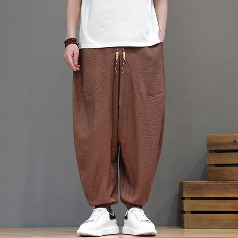 Nimara Ritual Summer Casual Vintage Drawstring Solid Cotton Cropped Pants Men's Harem Pants With Pocket
