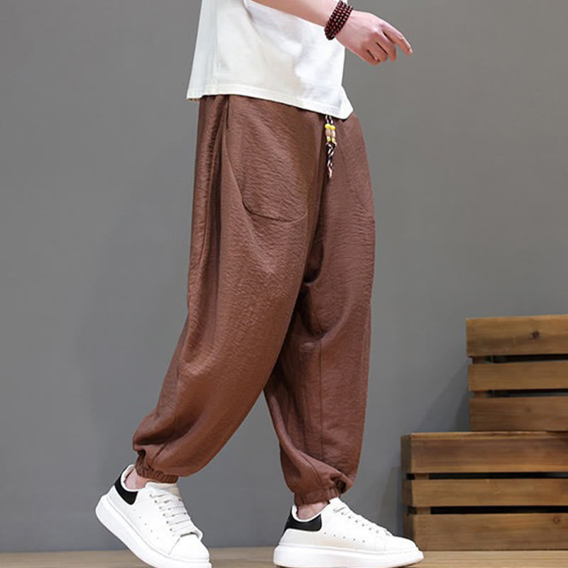 Nimara Ritual Summer Casual Vintage Drawstring Solid Cotton Cropped Pants Men's Harem Pants With Pocket