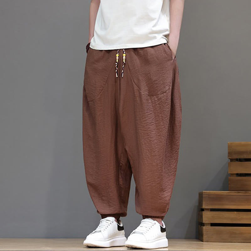 Nimara Ritual Summer Casual Vintage Drawstring Solid Cotton Cropped Pants Men's Harem Pants With Pocket