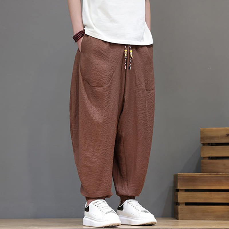 Nimara Ritual Summer Casual Vintage Drawstring Solid Cotton Cropped Pants Men's Harem Pants With Pocket