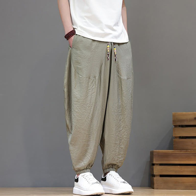 Nimara Ritual Summer Casual Vintage Drawstring Solid Cotton Cropped Pants Men's Harem Pants With Pocket