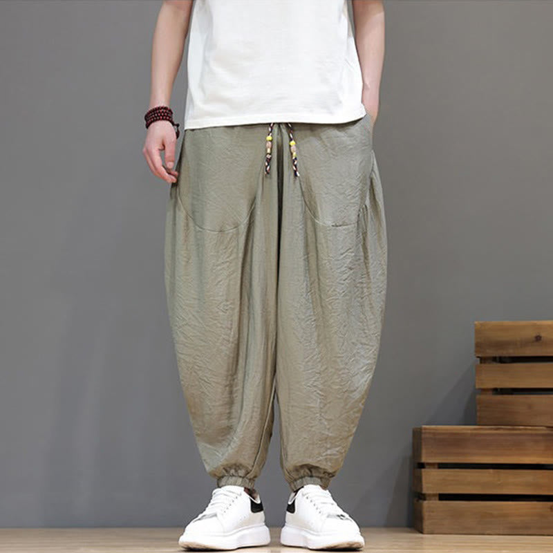 Nimara Ritual Summer Casual Vintage Drawstring Solid Cotton Cropped Pants Men's Harem Pants With Pocket