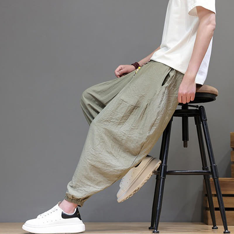 Nimara Ritual Summer Casual Vintage Drawstring Solid Cotton Cropped Pants Men's Harem Pants With Pocket