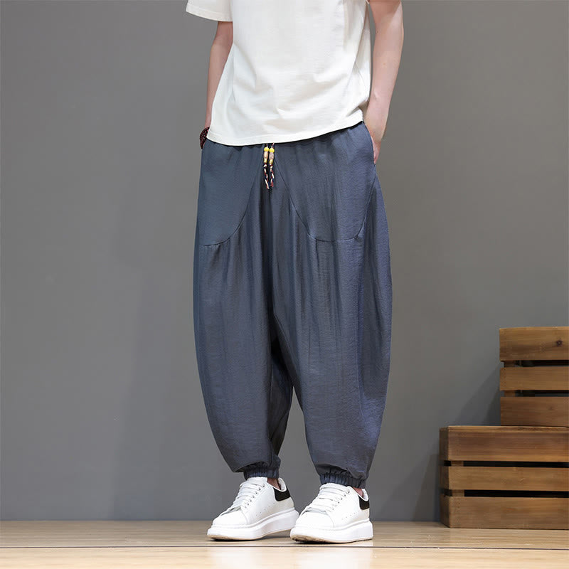 Nimara Ritual Summer Casual Vintage Drawstring Solid Cotton Cropped Pants Men's Harem Pants With Pocket