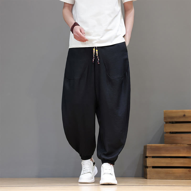 Nimara Ritual Summer Casual Vintage Drawstring Solid Cotton Cropped Pants Men's Harem Pants With Pocket