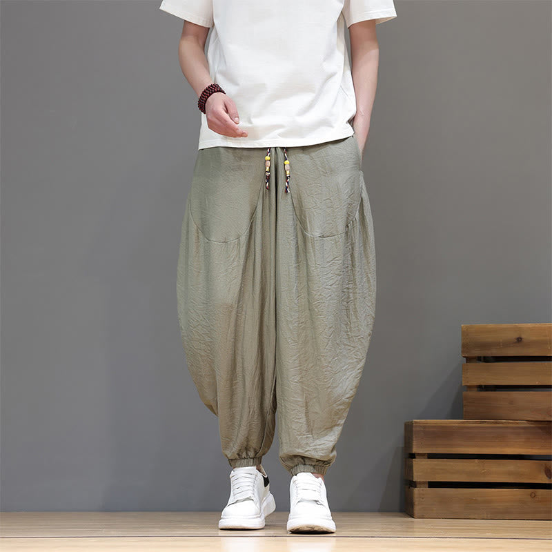 Nimara Ritual Summer Casual Vintage Drawstring Solid Cotton Cropped Pants Men's Harem Pants With Pocket