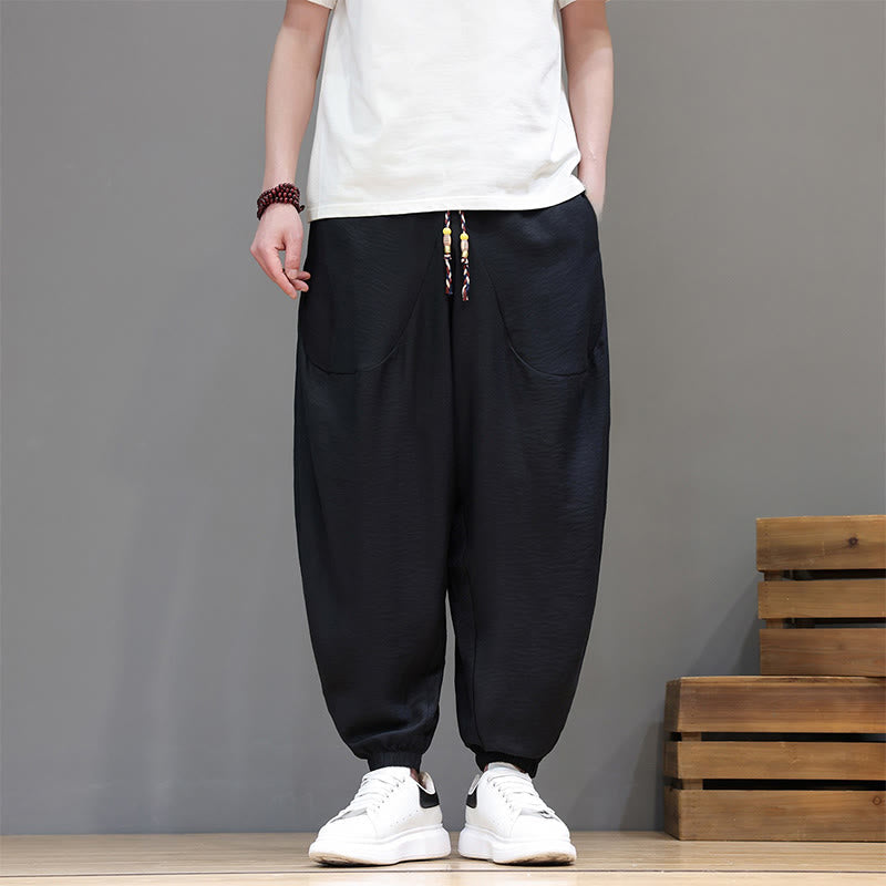 Nimara Ritual Summer Casual Vintage Drawstring Solid Cotton Cropped Pants Men's Harem Pants With Pocket