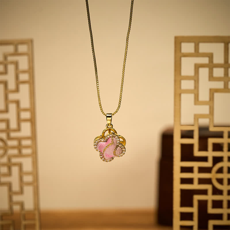 Nimara Ritual Copper Rotatable Heart & Four-leaf Clover Inlaid Pink Brocade Harmonic Connection Necklace