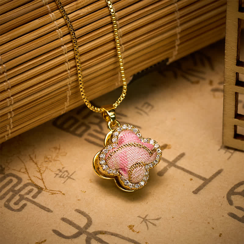 Nimara Ritual Copper Rotatable Heart & Four-leaf Clover Inlaid Pink Brocade Harmonic Connection Necklace