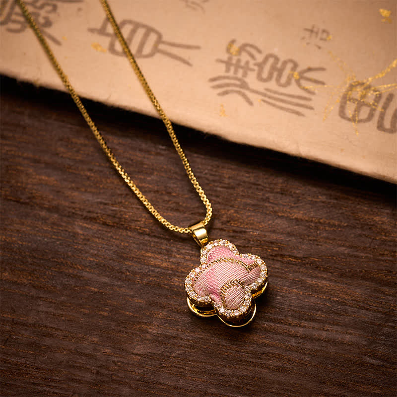 Nimara Ritual Copper Rotatable Heart & Four-leaf Clover Inlaid Pink Brocade Harmonic Connection Necklace