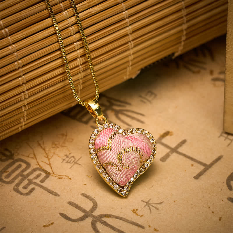 Nimara Ritual Copper Rotatable Heart & Four-leaf Clover Inlaid Pink Brocade Harmonic Connection Necklace