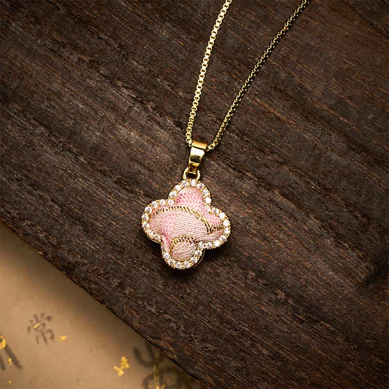 Nimara Ritual Copper Rotatable Heart & Four-leaf Clover Inlaid Pink Brocade Harmonic Connection Necklace