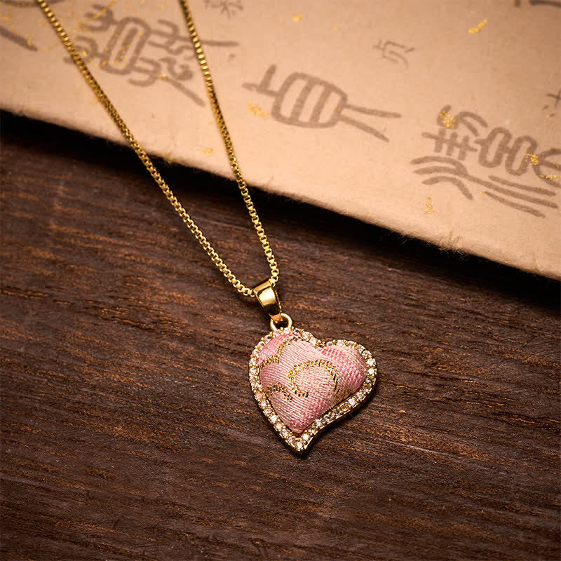 Nimara Ritual Copper Rotatable Heart & Four-leaf Clover Inlaid Pink Brocade Harmonic Connection Necklace