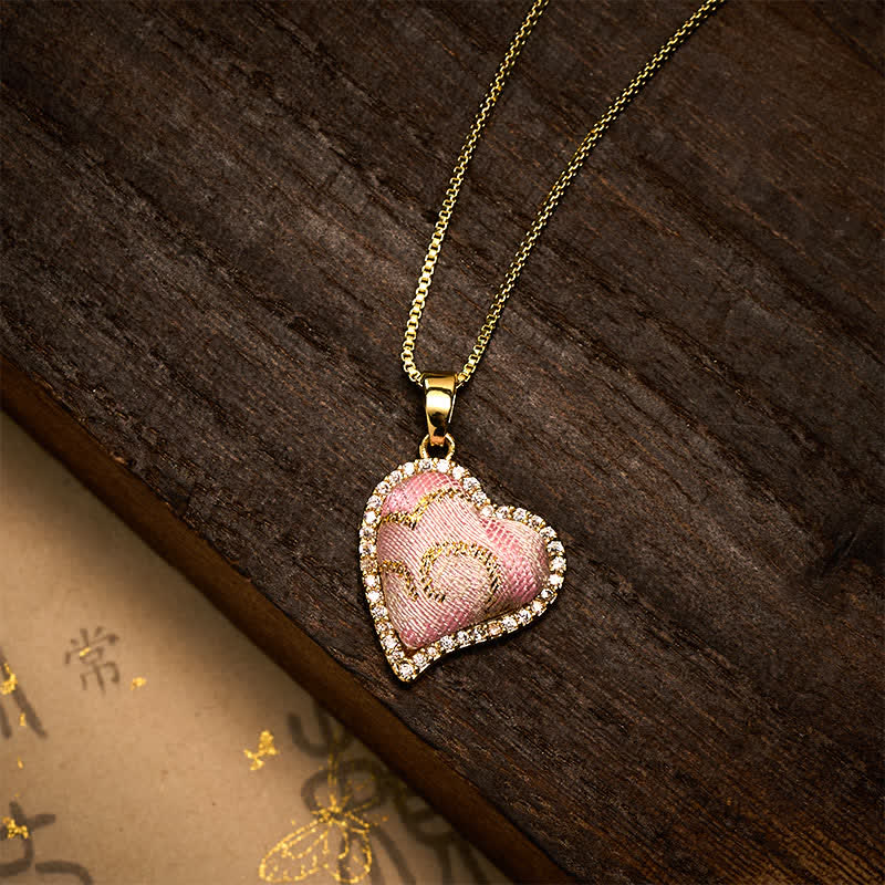 Nimara Ritual Copper Rotatable Heart & Four-leaf Clover Inlaid Pink Brocade Harmonic Connection Necklace