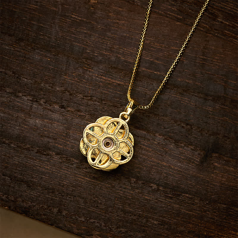 Nimara Ritual Copper Rotatable Heart & Four-leaf Clover Inlaid Pink Brocade Harmonic Connection Necklace