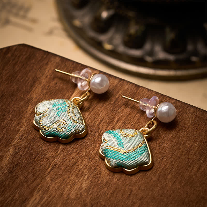 Nimara Ritual Pearl Song Brocade Leaf Shaped Balance Chinese Earrings