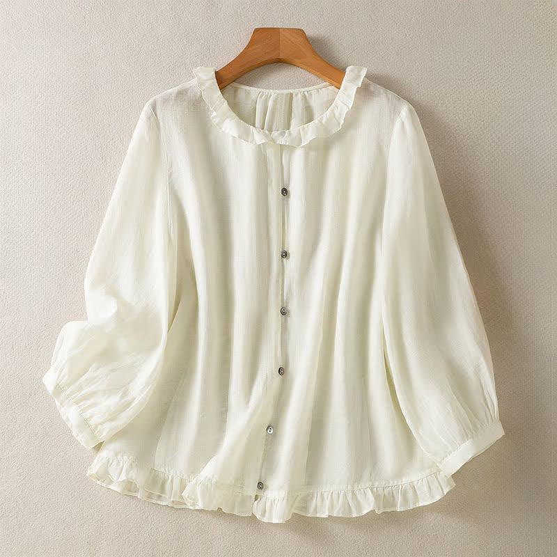 Nimara Ritual Summer Casual Vintage Button-up Ruffled Crew Neck Solid Women's Long Sleeve Shirts