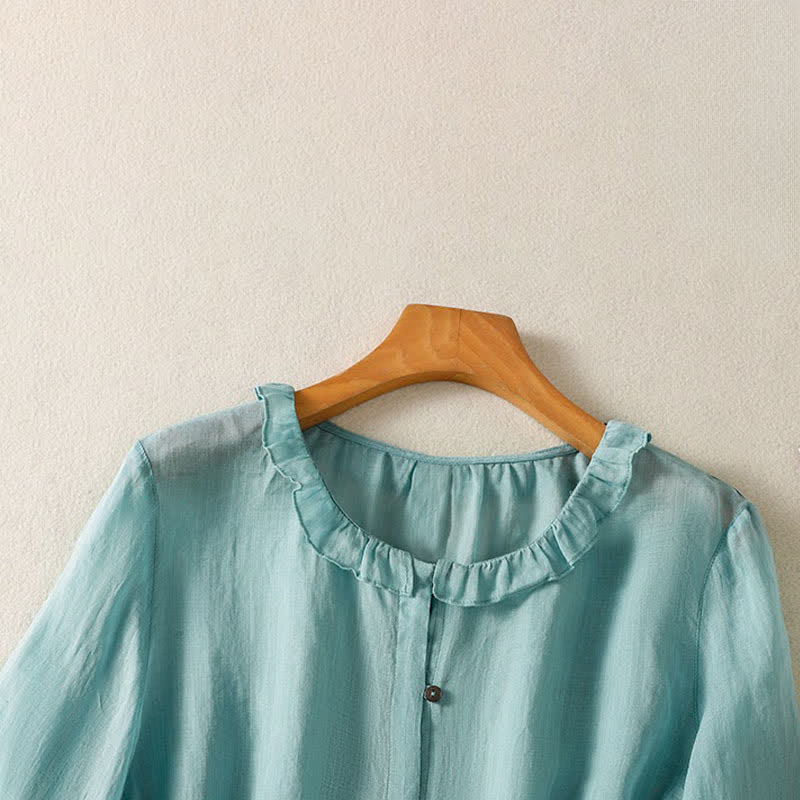 Nimara Ritual Summer Casual Vintage Button-up Ruffled Crew Neck Solid Women's Long Sleeve Shirts