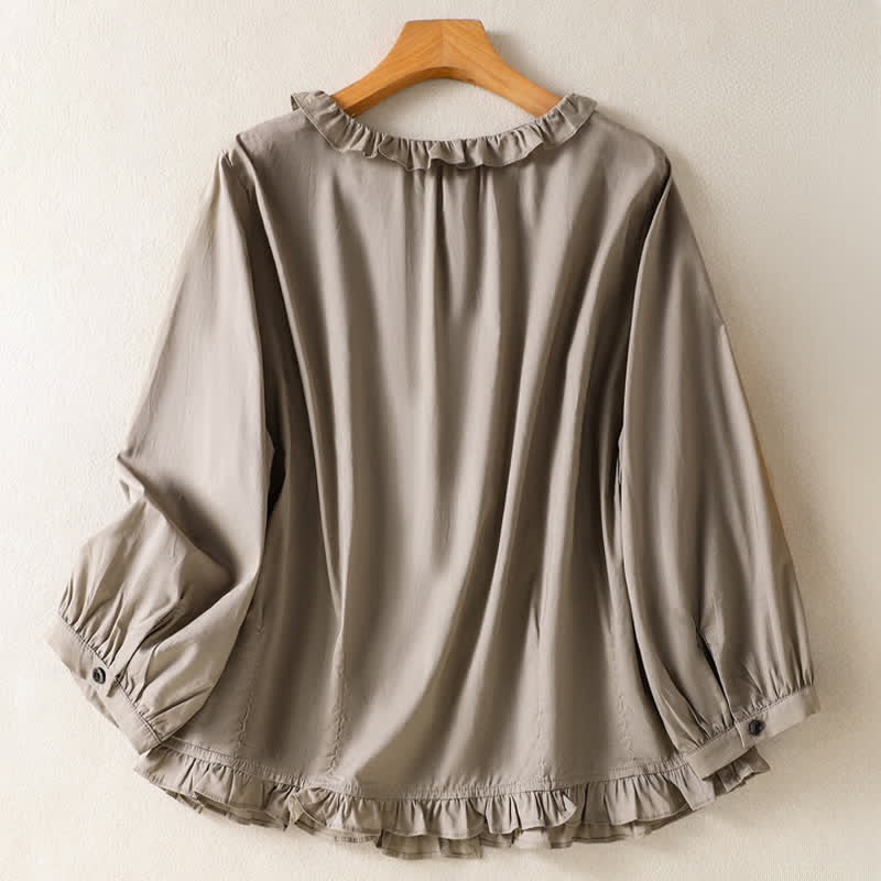 Nimara Ritual Summer Casual Vintage Button-up Ruffled Crew Neck Solid Women's Long Sleeve Shirts