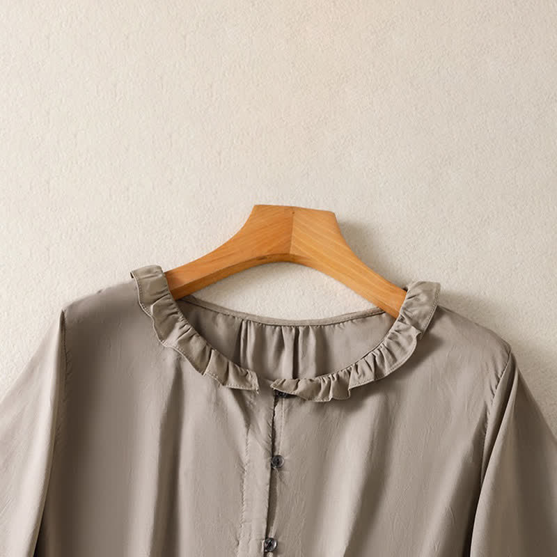 Nimara Ritual Summer Casual Vintage Button-up Ruffled Crew Neck Solid Women's Long Sleeve Shirts