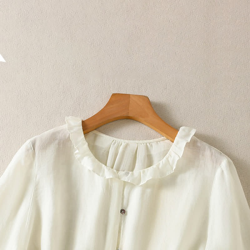 Nimara Ritual Summer Casual Vintage Button-up Ruffled Crew Neck Solid Women's Long Sleeve Shirts