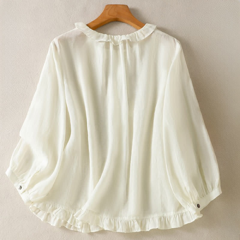 Nimara Ritual Summer Casual Vintage Button-up Ruffled Crew Neck Solid Women's Long Sleeve Shirts