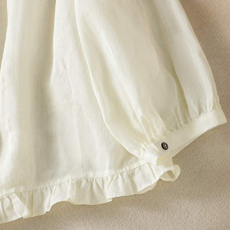 Nimara Ritual Summer Casual Vintage Button-up Ruffled Crew Neck Solid Women's Long Sleeve Shirts